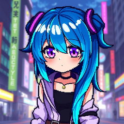 A pixel art anime girl design featuring vibrant colors and a detailed pixelated style