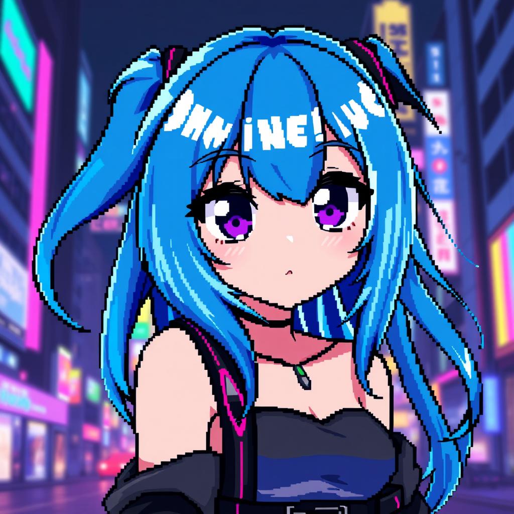 A pixel art anime girl design featuring vibrant colors and a detailed pixelated style