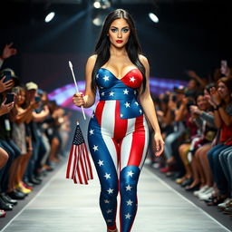 Full length photograph of a shapely, stunning 18-year-old woman with pale skin, long black hair, and striking crystal blue eyes