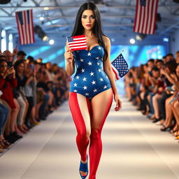 Full length photograph of a shapely, stunning 18-year-old woman with pale skin, long black hair, and striking crystal blue eyes