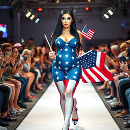 Full length photograph of a shapely, stunning 18-year-old woman with pale skin, long black hair, and striking crystal blue eyes