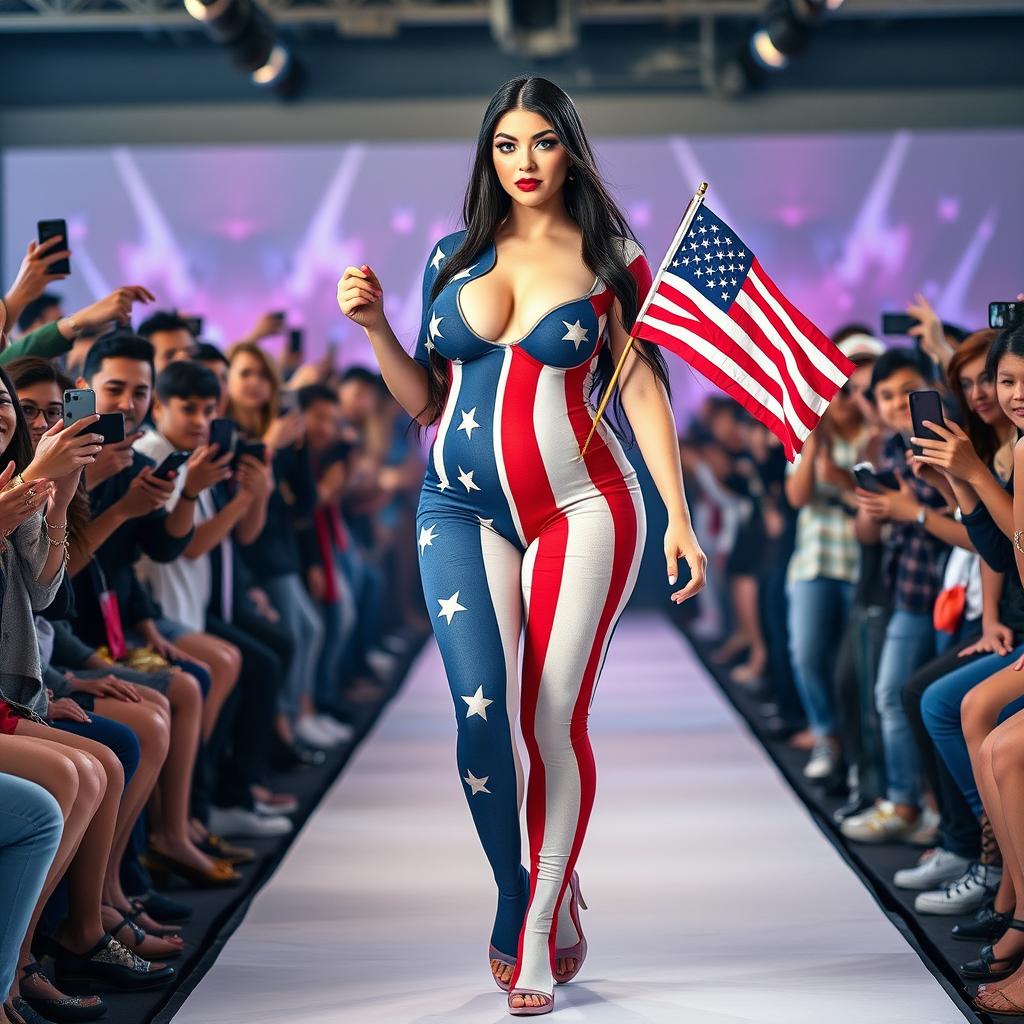 Full length photograph of a shapely, stunning 18-year-old woman with pale skin, long black hair, and striking crystal blue eyes