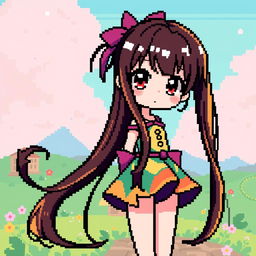 A vibrant pixel art illustration of an anime girl featuring a full-body portrayal, showcasing long, flowing hair in a fantastical style