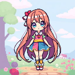A vibrant pixel art illustration of an anime girl featuring a full-body portrayal, showcasing long, flowing hair in a fantastical style