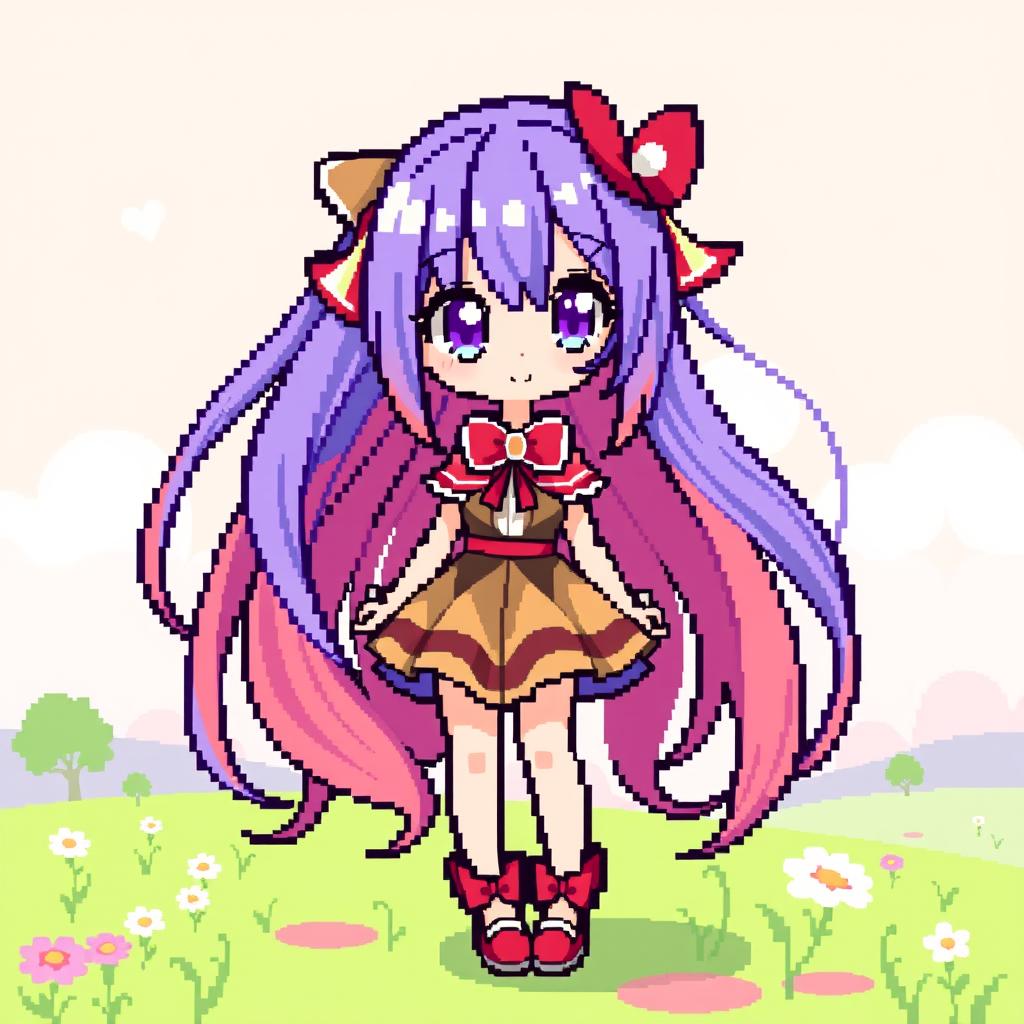 A vibrant pixel art illustration of an anime girl featuring a full-body portrayal, showcasing long, flowing hair in a fantastical style