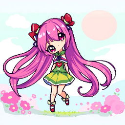 A vibrant pixel art illustration of an anime girl featuring a full-body portrayal, showcasing long, flowing hair in a fantastical style