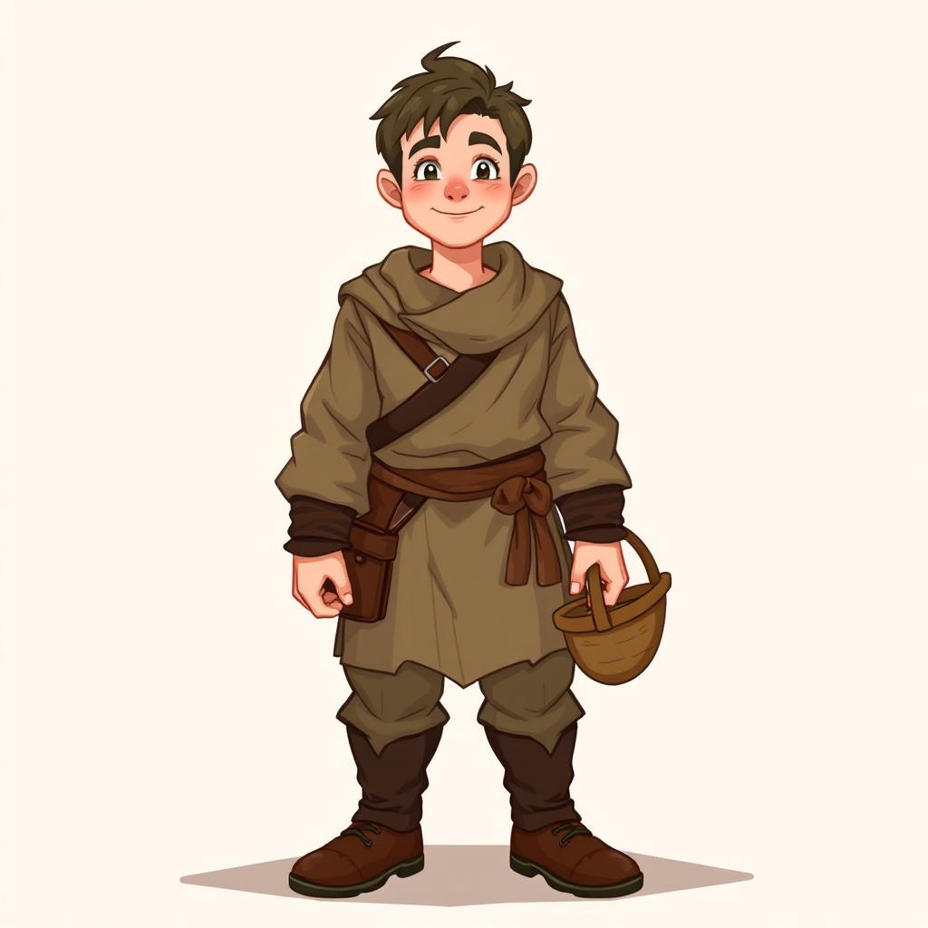 A kind-looking commoner man character from a fantasy setting, portrayed with a warm and gentle demeanor