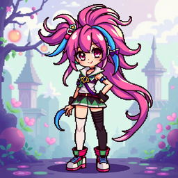 A full-body image of a vibrant pixel art anime girl, featuring an intricate hairstyle with long, flowing hair that showcases various artistic colors, including shades of pink, blue, and purple