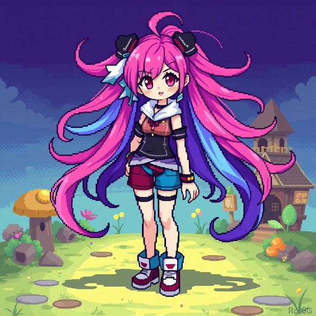 A full-body image of a vibrant pixel art anime girl, featuring an intricate hairstyle with long, flowing hair that showcases various artistic colors, including shades of pink, blue, and purple