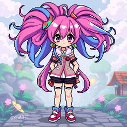 A full-body image of a vibrant pixel art anime girl, featuring an intricate hairstyle with long, flowing hair that showcases various artistic colors, including shades of pink, blue, and purple