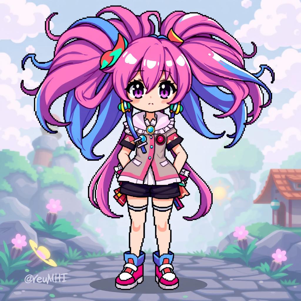 A full-body image of a vibrant pixel art anime girl, featuring an intricate hairstyle with long, flowing hair that showcases various artistic colors, including shades of pink, blue, and purple
