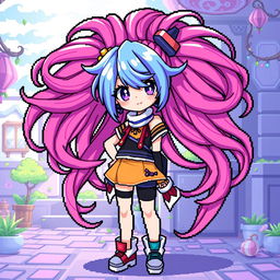A full-body image of a vibrant pixel art anime girl, featuring an intricate hairstyle with long, flowing hair that showcases various artistic colors, including shades of pink, blue, and purple