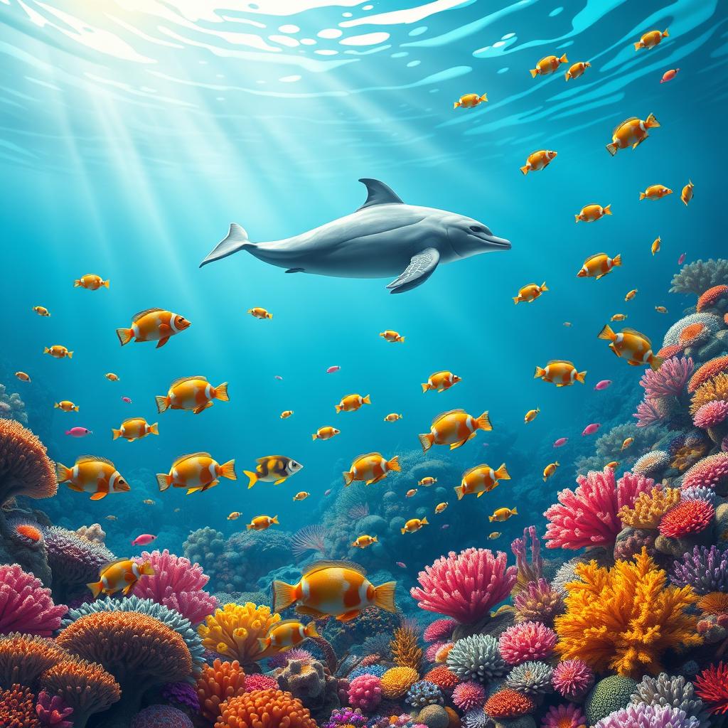 A vibrant and whimsical underwater scene featuring a serene coral reef filled with colorful fish swimming among the corals