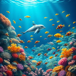 A vibrant and whimsical underwater scene featuring a serene coral reef filled with colorful fish swimming among the corals