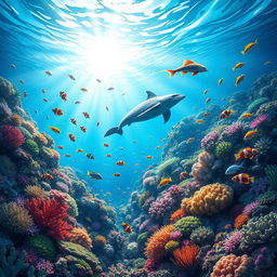 A vibrant and whimsical underwater scene featuring a serene coral reef filled with colorful fish swimming among the corals