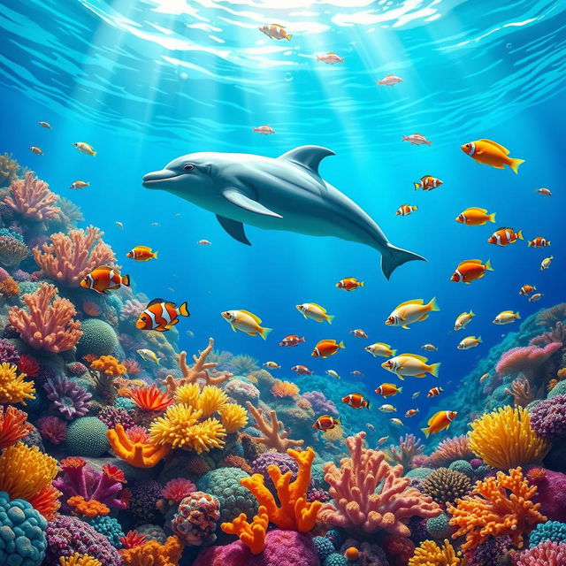 A vibrant and whimsical underwater scene featuring a serene coral reef filled with colorful fish swimming among the corals