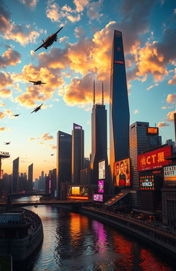 A futuristic city skyline during sunset, with towering skyscrapers reflecting orange and purple hues