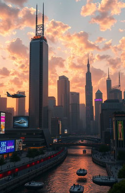 A futuristic city skyline during sunset, with towering skyscrapers reflecting orange and purple hues