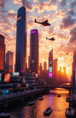 A futuristic city skyline during sunset, with towering skyscrapers reflecting orange and purple hues