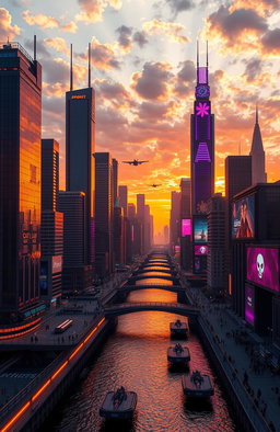 A futuristic city skyline during sunset, with towering skyscrapers reflecting orange and purple hues
