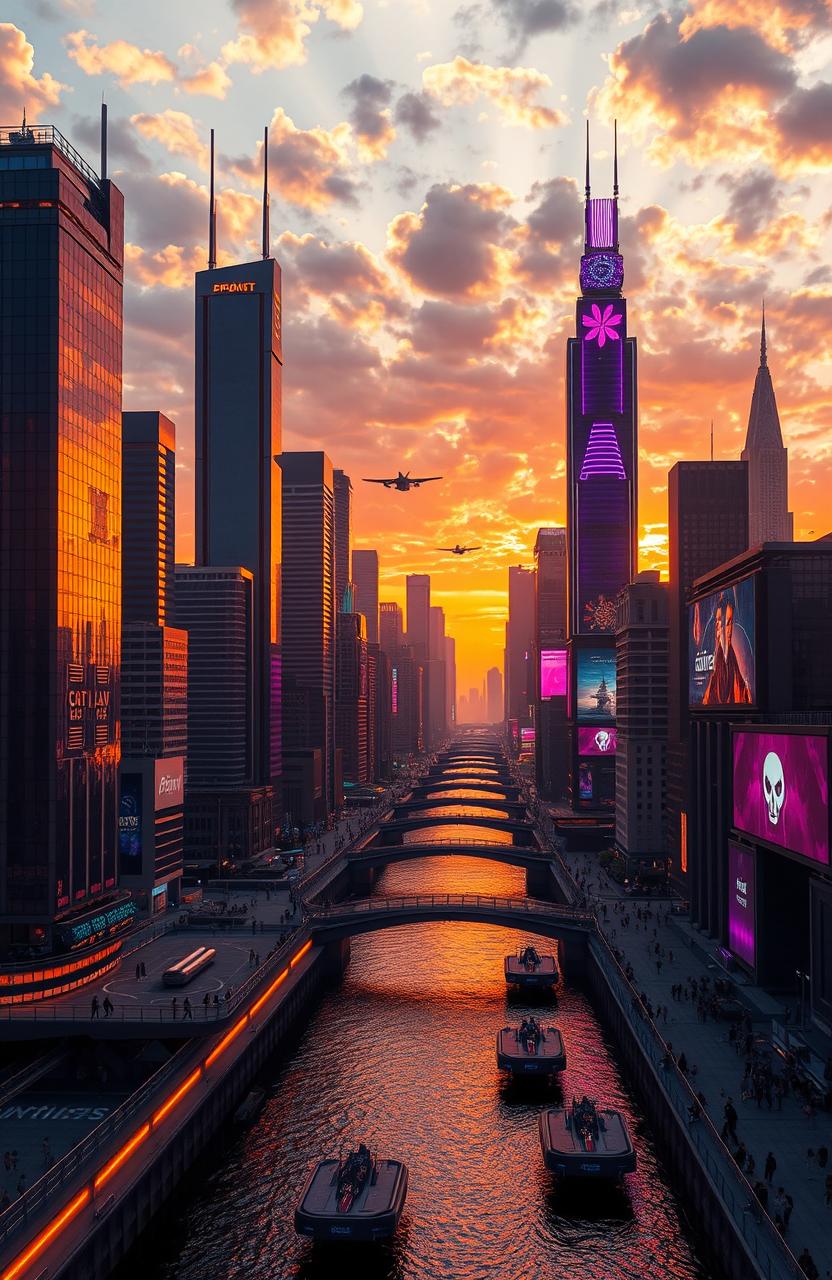 A futuristic city skyline during sunset, with towering skyscrapers reflecting orange and purple hues