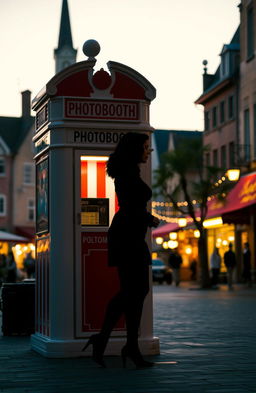 A vibrant town square featuring a classic photobooth cabin with its iconic red and white stripes