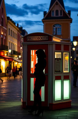 A vibrant town square featuring a classic photobooth cabin with its iconic red and white stripes
