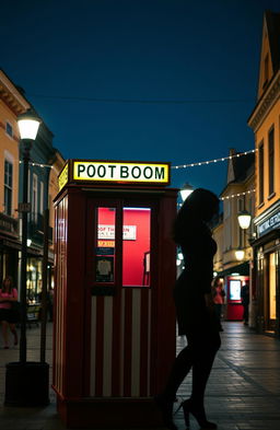 A vibrant town square featuring a classic photobooth cabin with its iconic red and white stripes