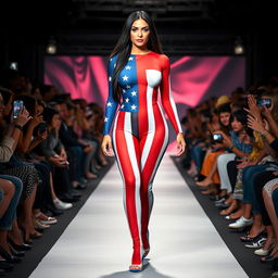 Full length photograph of a shapely, stunning 18-year-old woman with pale skin, long black hair, and captivating crystal blue eyes