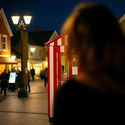 A lively town square showcasing a charming photobooth cabin with its classic red and white stripes