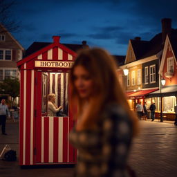 A lively town square showcasing a charming photobooth cabin with its classic red and white stripes