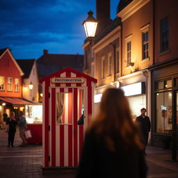 A lively town square showcasing a charming photobooth cabin with its classic red and white stripes