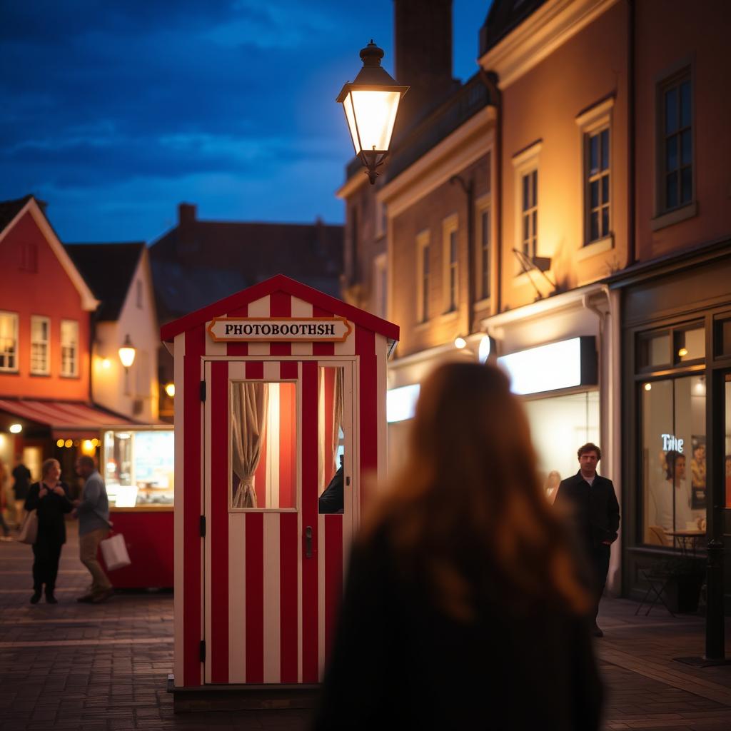 A lively town square showcasing a charming photobooth cabin with its classic red and white stripes