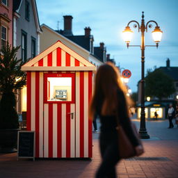 A lively town square showcasing a charming photobooth cabin with its classic red and white stripes