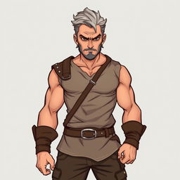 A rude, handsome middle-aged commoner man character from a fantasy setting, illustrated with a confident and slightly disdainful expression