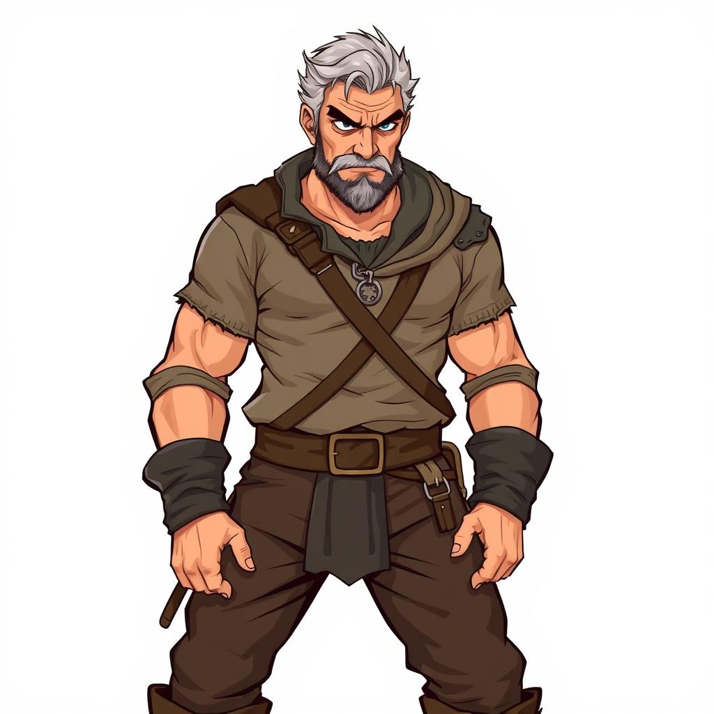 A rude, handsome middle-aged commoner man character from a fantasy setting, illustrated with a confident and slightly disdainful expression