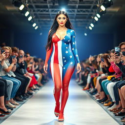 Full length photograph of a shapely, stunning 18-year-old woman with pale skin, long black hair, and captivating crystal blue eyes