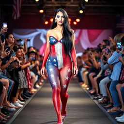 Full length photograph of a shapely, stunning 18-year-old woman with pale skin, long black hair, and captivating crystal blue eyes