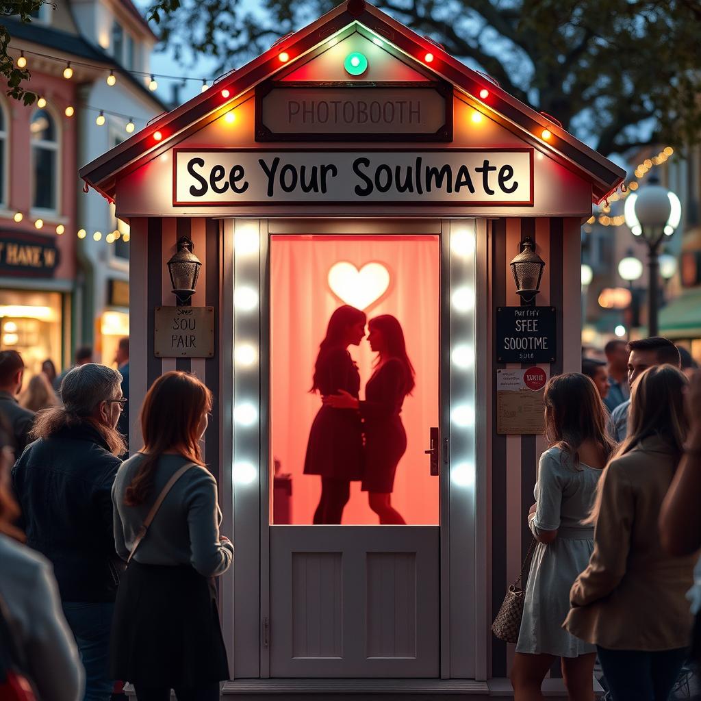 A whimsical photobooth cabin located in a bustling town square, decorated with colorful lights and playful signage that reads 'See Your Soulmate!' Inside the booth, a magical glow emanates from the screen as a silhouette of two people appears, hinting at a deep connection