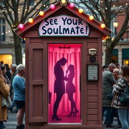 A whimsical photobooth cabin located in a bustling town square, decorated with colorful lights and playful signage that reads 'See Your Soulmate!' Inside the booth, a magical glow emanates from the screen as a silhouette of two people appears, hinting at a deep connection