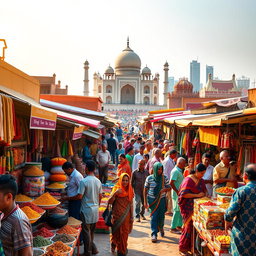 A vibrant marketplace in India bustling with activity, showcasing colorful stalls filled with spices, textiles, and traditional handicrafts