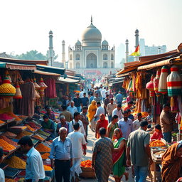 A vibrant marketplace in India bustling with activity, showcasing colorful stalls filled with spices, textiles, and traditional handicrafts