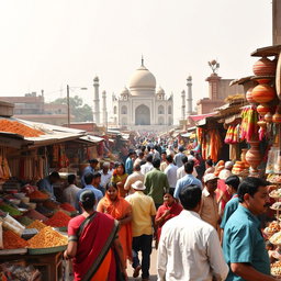 A vibrant marketplace in India bustling with activity, showcasing colorful stalls filled with spices, textiles, and traditional handicrafts