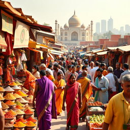 A vibrant marketplace in India bustling with activity, showcasing colorful stalls filled with spices, textiles, and traditional handicrafts