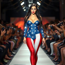 Full length photograph of a shapely, stunning 18-year-old woman with pale skin, long black hair, and striking crystal blue eyes