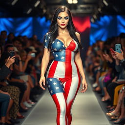 Full length photograph of a shapely, stunning 18-year-old woman with pale skin, long black hair, and striking crystal blue eyes