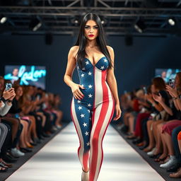 Full length photograph of a shapely, stunning 18-year-old woman with pale skin, long black hair, and striking crystal blue eyes