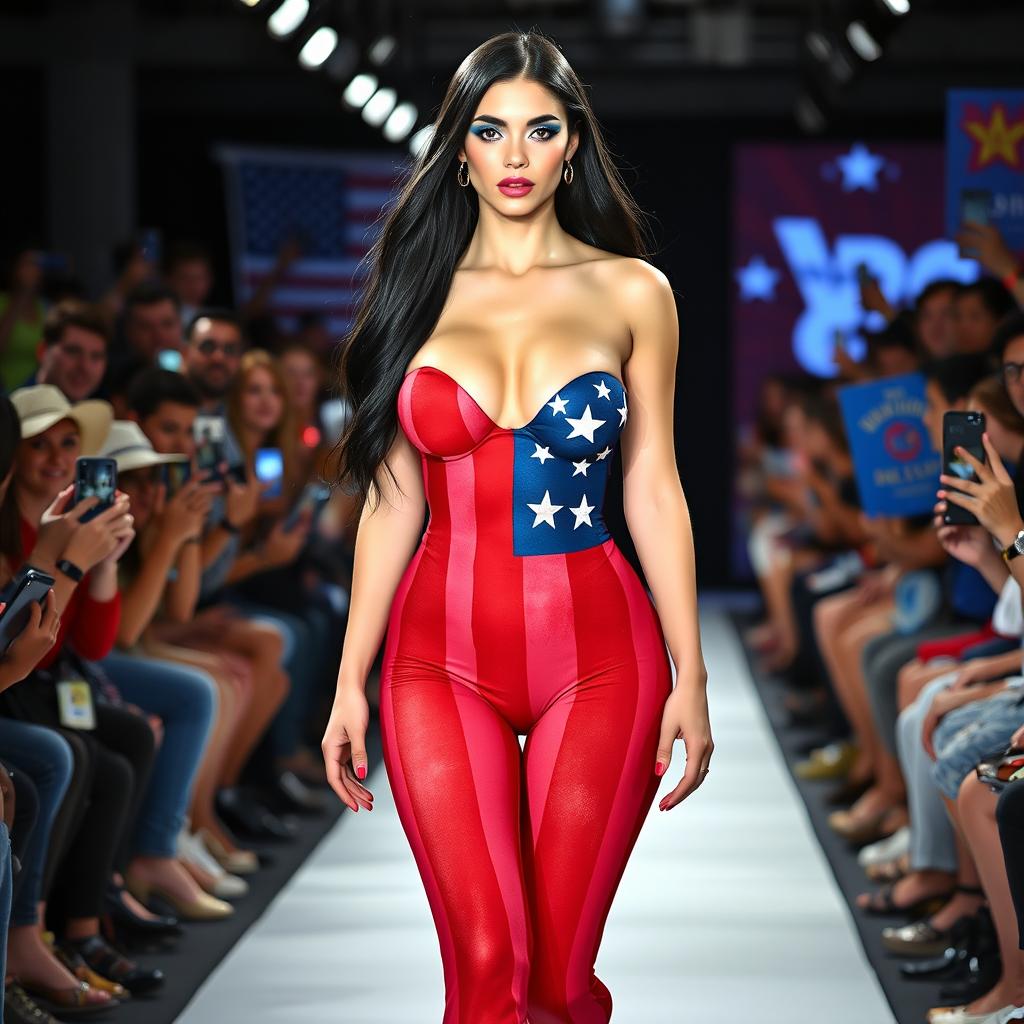 Full length photograph of a shapely, stunning 18-year-old woman with pale skin, long black hair, and striking crystal blue eyes