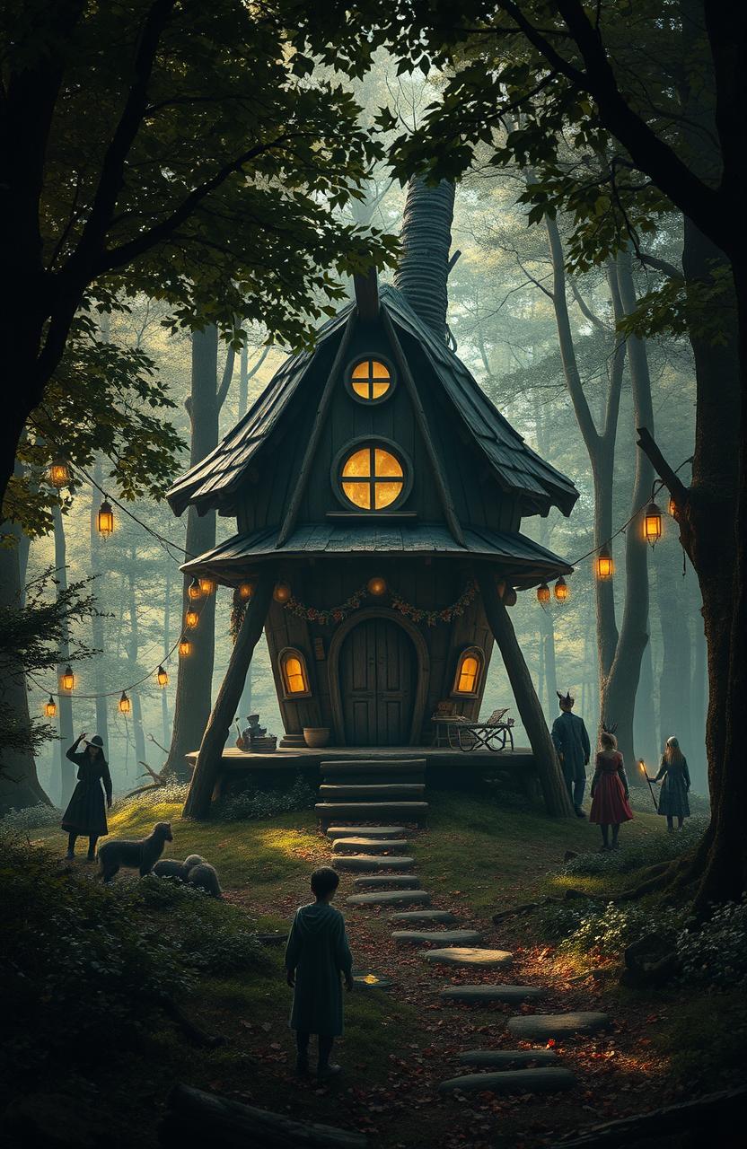 In a mystical forest at the junction of three worlds, there stands a whimsical hut on chicken legs, home to the enigmatic and powerful Baba Yaga, surrounded by her magical daughters