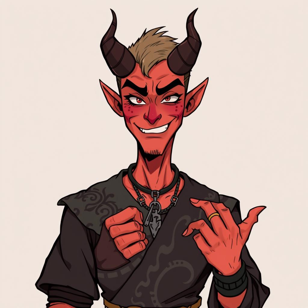 A tricky, sarcastic, and handsome demon man character from a fantasy setting, illustrated with a cheeky smile and a playful glint in his eyes